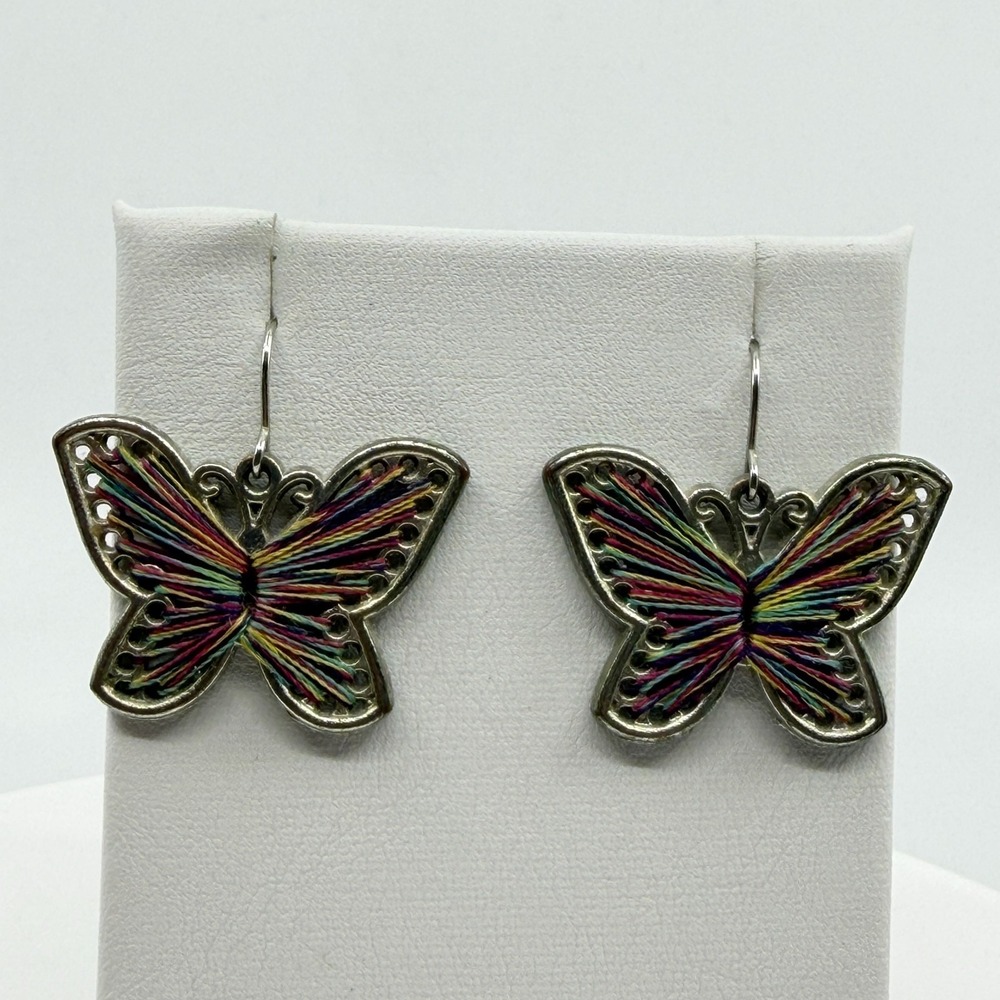 Whimsical Butterfly Dangle Earrings Multi Color Thread Art Boho Festival Style